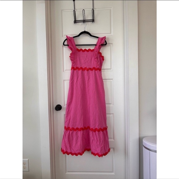 Chic Pink Ruffle Midi Dress - Picture 2 of 4